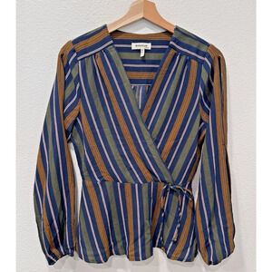 Monteau Earth Tone Shirt Stretch Preppy Stripe Long Slit Sleeves Top W Size M